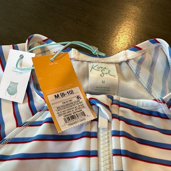 Kona Sol Red White Blue Stripe Rash Guard Full Coverage Swimsuit W Zip Size M - Picture 3 of 4